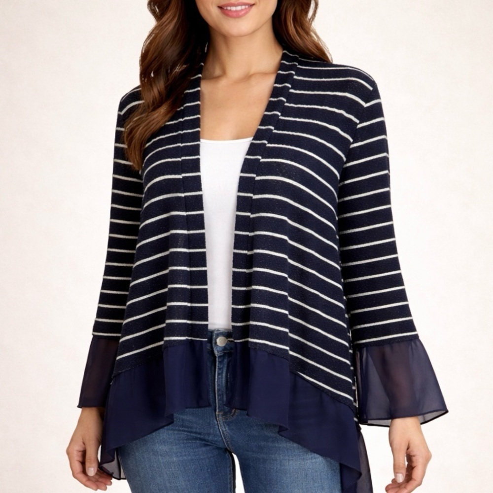Paper Crane Striped Open Front Cardigan Sheer Hem Navy White Size L